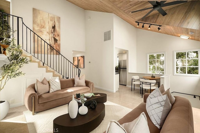 4411/2 Goldenrod Ave, Corona Del Mar, CA 92625 - living room featuring wooden ceiling, a ceiling fan, stairs, and high vaulted ceiling