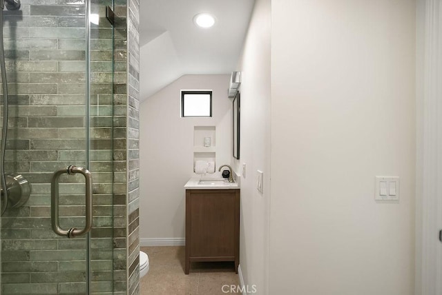 4411/2 Goldenrod Ave, Corona Del Mar, CA 92625 - bathroom with vanity, a shower stall, and vaulted ceiling