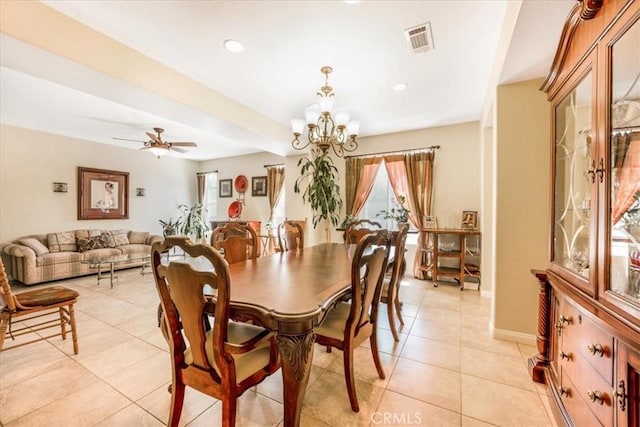 19247 Mountain Shadow Ln, Perris, CA 92570 - dining room with a chandelier, light tile patterned floors, recessed lighting, and a ceiling fan