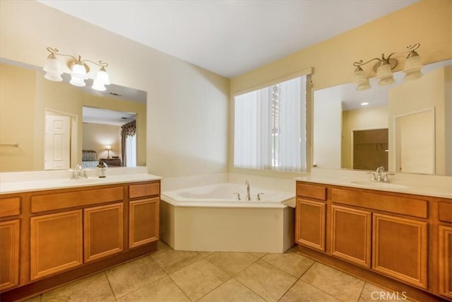 19247 Mountain Shadow Ln, Perris, CA 92570 - ensuite bathroom with two vanities, a bath, and tile patterned floors