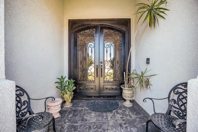 19247 Mountain Shadow Ln, Perris, CA 92570 - entrance to property with french doors and stucco siding