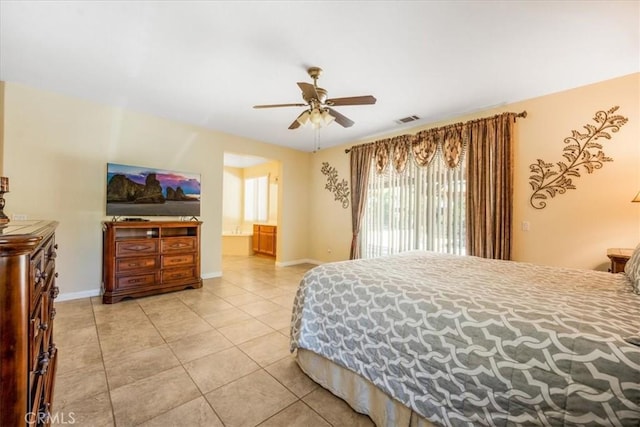 19247 Mountain Shadow Ln, Perris, CA 92570 - bedroom with light tile patterned floors, ceiling fan, ensuite bath, and access to exterior