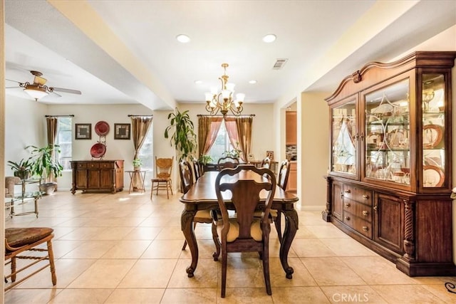 19247 Mountain Shadow Ln, Perris, CA 92570 - dining room featuring healthy amount of natural light, a chandelier, light tile patterned flooring, ceiling fan, and recessed lighting
