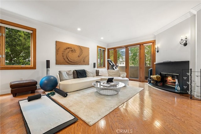 411 N Oakhurst Dr Unit 201, Beverly Hills, CA 90210 - living area featuring wood finished floors, a glass covered fireplace, ornamental molding, and recessed lighting