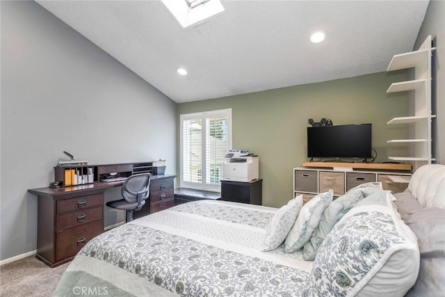 23130 Yvette Ln, Valencia, CA 91355 - bedroom featuring carpet flooring, recessed lighting, lofted ceiling, a desk, and a skylight