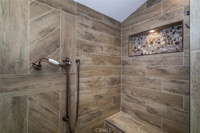 23130 Yvette Ln, Valencia, CA 91355 - bathroom with tiled shower and vaulted ceiling