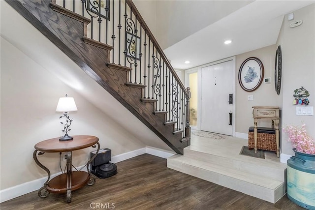 23130 Yvette Ln, Valencia, CA 91355 - foyer with wood finished floors, stairs, and recessed lighting