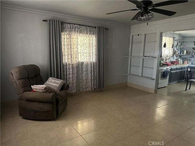 3938 Kreuer Rd, Phelan, CA 92371 - sitting room featuring crown molding, ceiling fan, and light tile patterned floors
