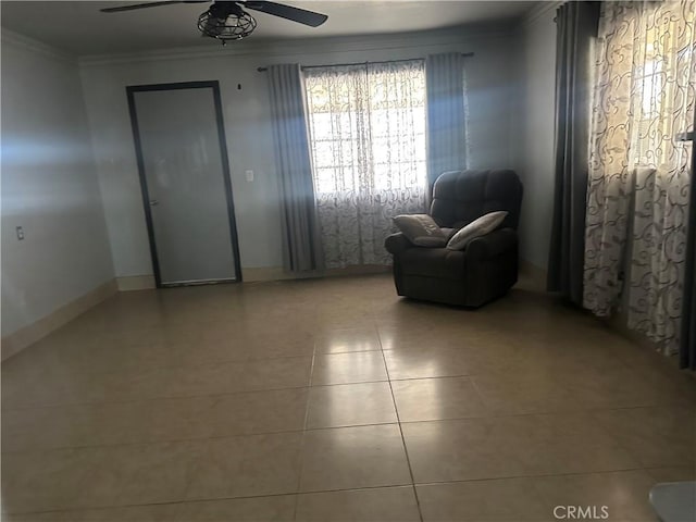 3938 Kreuer Rd, Phelan, CA 92371 - living area featuring crown molding, a ceiling fan, and tile patterned floors