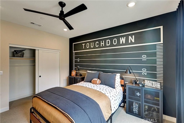 17163 Kent St, Hesperia, CA 92345 - bedroom featuring carpet, a closet, ceiling fan, and recessed lighting
