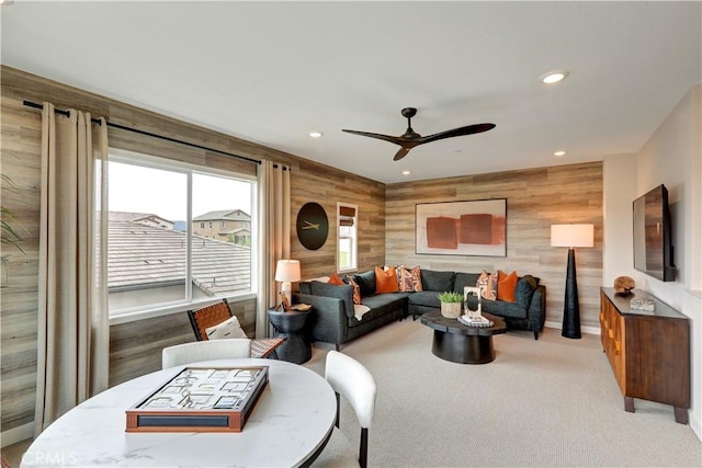 17163 Kent St, Hesperia, CA 92345 - living room with ceiling fan, recessed lighting, and wooden walls