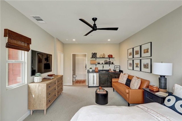 17163 Kent St, Hesperia, CA 92345 - bedroom featuring light carpet, recessed lighting, connected bathroom, bar area, and a ceiling fan