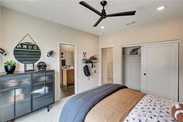 17163 Kent St, Hesperia, CA 92345 - bedroom featuring a closet, ensuite bath, light colored carpet, ceiling fan, and recessed lighting