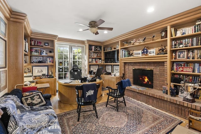 6815 La Jolla Scenic Dr, La Jolla, CA 92037 - office space with ceiling fan, a fireplace, and wood finished floors
