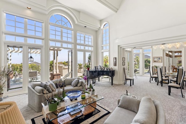 6815 La Jolla Scenic Dr, La Jolla, CA 92037 - living area featuring a towering ceiling and carpet floors