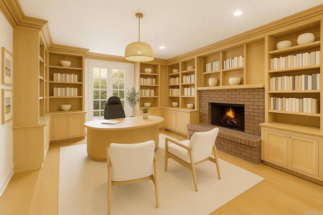 6815 La Jolla Scenic Dr, La Jolla, CA 92037 - office area featuring a fireplace, recessed lighting, and built in shelves