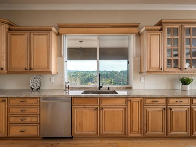 30419 Canyon Estates Rd, Vista, CA 92084 - kitchen featuring dishwasher, light stone counters, backsplash, ornamental molding, and glass insert cabinets