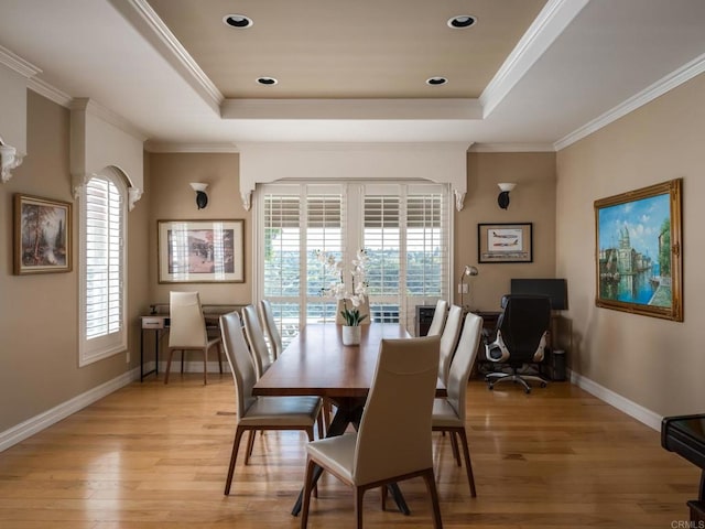 30419 Canyon Estates Rd, Vista, CA 92084 - dining area featuring a tray ceiling, light wood-style flooring, ornamental molding, a desk, and recessed lighting