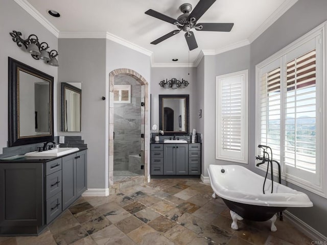30419 Canyon Estates Rd, Vista, CA 92084 - bathroom with a stall shower, a ceiling fan, two vanities, a soaking tub, and ornamental molding