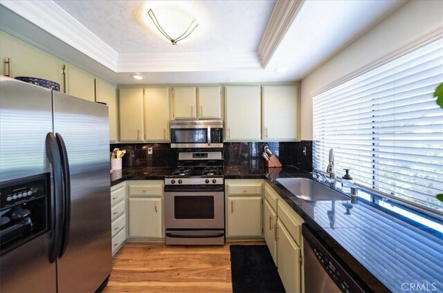 5260 W Palmer Dr, Banning, CA 92220 - kitchen featuring appliances with stainless steel finishes, a raised ceiling, crown molding, light wood-style floors, and backsplash