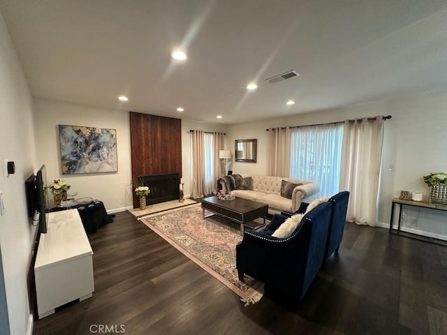 450 W Vermont Ave Unit 1104, Escondido, CA 92025 - living area featuring recessed lighting, dark wood-type flooring, and a large fireplace