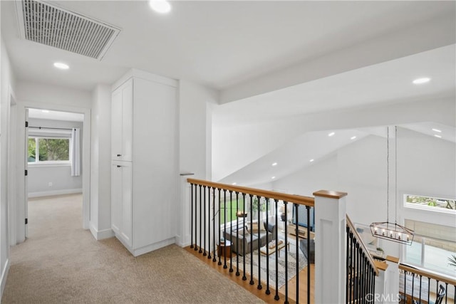 5025 Stonehaven Dr, Yorba Linda, CA 92887 - hall with an upstairs landing, recessed lighting, light carpet, and a chandelier