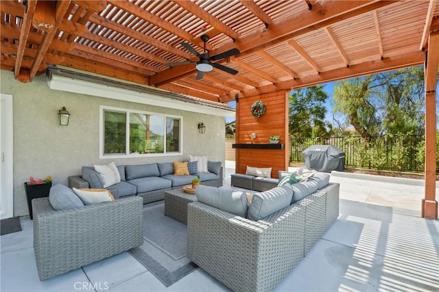 5025 Stonehaven Dr, Yorba Linda, CA 92887 - view of patio / terrace with a pergola, outdoor lounge area, a grill, and a ceiling fan