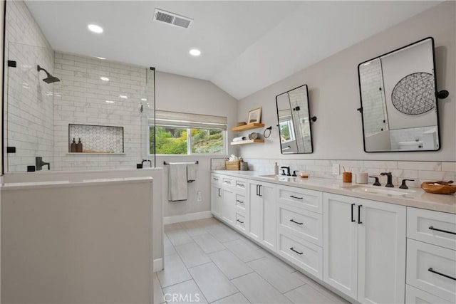 5025 Stonehaven Dr, Yorba Linda, CA 92887 - bathroom with double vanity, a walk in shower, vaulted ceiling, tile patterned flooring, and recessed lighting