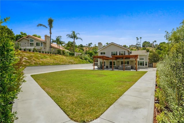 5025 Stonehaven Dr, Yorba Linda, CA 92887 - view of front of home with outdoor lounge area, a patio, a front lawn, and a pergola