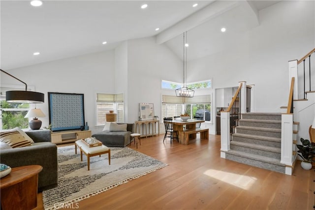 5025 Stonehaven Dr, Yorba Linda, CA 92887 - living room with stairs, high vaulted ceiling, a chandelier, wood finished floors, and beam ceiling