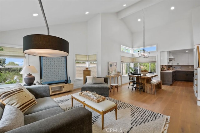 5025 Stonehaven Dr, Yorba Linda, CA 92887 - living area featuring high vaulted ceiling, light wood-style flooring, a chandelier, beamed ceiling, and recessed lighting