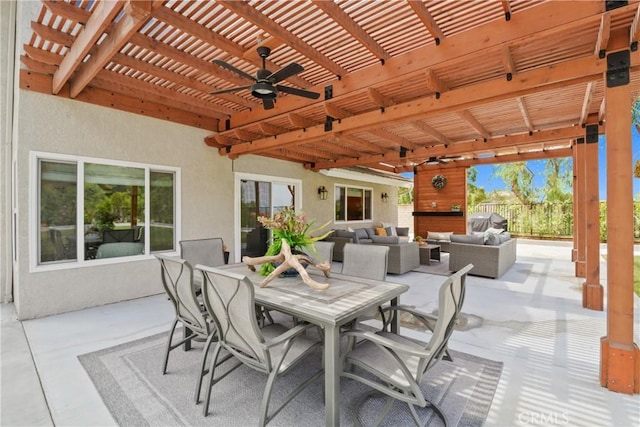 5025 Stonehaven Dr, Yorba Linda, CA 92887 - view of patio with outdoor lounge area, a pergola, ceiling fan, and outdoor dining area