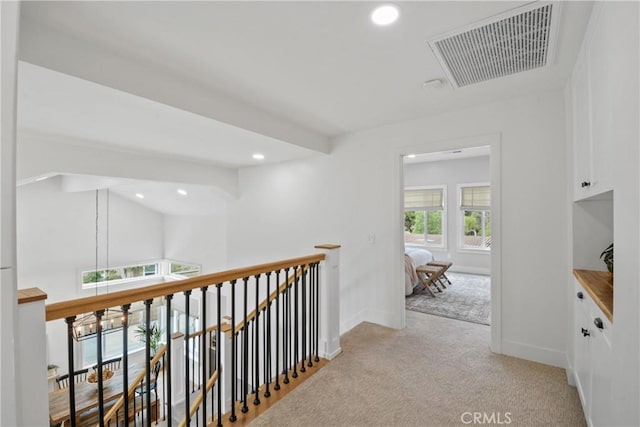 5025 Stonehaven Dr, Yorba Linda, CA 92887 - hall featuring light colored carpet, an upstairs landing, and recessed lighting