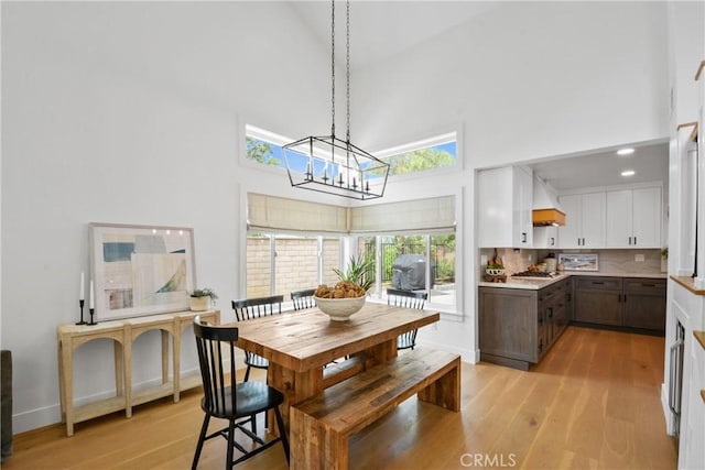 5025 Stonehaven Dr, Yorba Linda, CA 92887 - dining space featuring high vaulted ceiling, a chandelier, and light wood-style floors