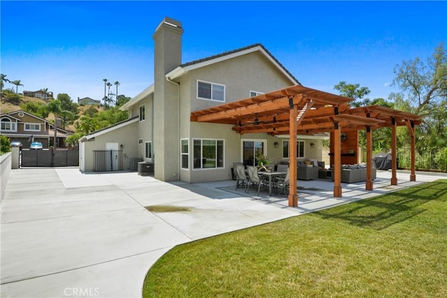 5025 Stonehaven Dr, Yorba Linda, CA 92887 - back of property featuring an outdoor hangout area, a pergola, stucco siding, a chimney, and a patio area