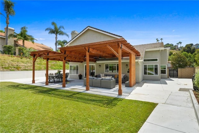 5025 Stonehaven Dr, Yorba Linda, CA 92887 - back of property with a pergola, an outdoor hangout area, stucco siding, and a chimney