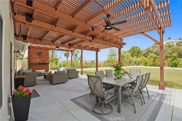 5025 Stonehaven Dr, Yorba Linda, CA 92887 - view of patio / terrace featuring an outdoor hangout area, a ceiling fan, a pergola, and outdoor dining space