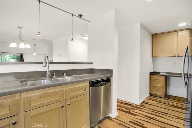 4600 Don Lorenzo Dr Unit 20, Los Angeles, CA 90008 - kitchen with stainless steel dishwasher, light wood-type flooring, light brown cabinets, and pendant lighting