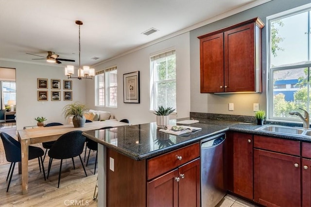 3591 Sacramento Dr Unit 208, San Luis Obispo, CA 93401 - kitchen with dishwasher, open floor plan, crown molding, a ceiling fan, and decorative light fixtures