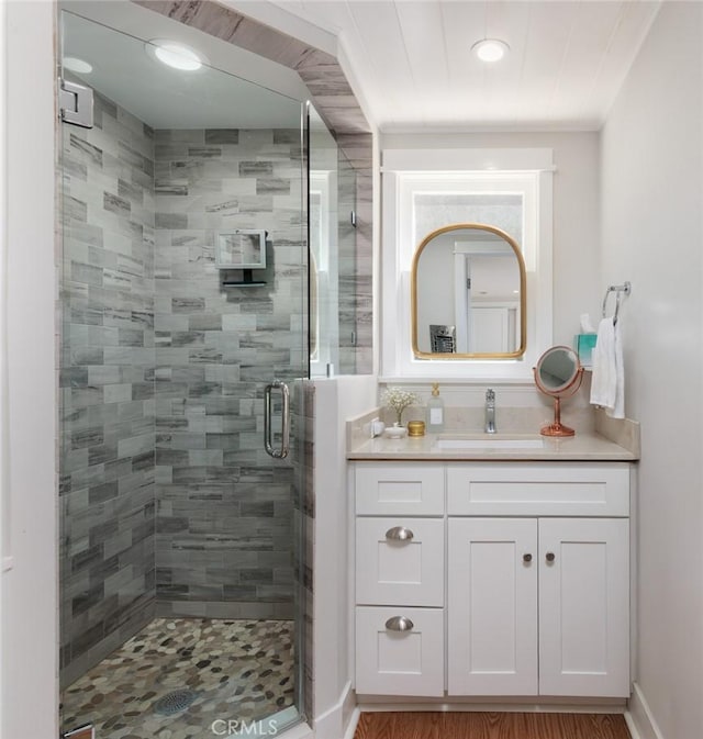31907 9th Ave, Laguna Beach, CA 92651 - full bathroom with a stall shower, vanity, wood finished floors, and recessed lighting