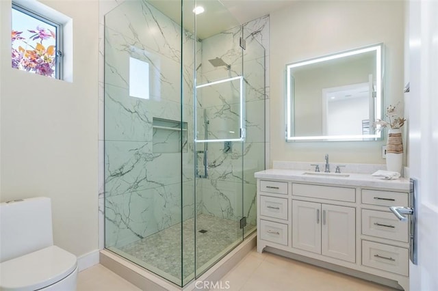 109 Buckskin Rd, Bell Canyon, CA 91307 - bathroom with a marble finish shower, vanity, recessed lighting, and tile patterned floors