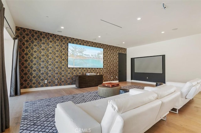 109 Buckskin Rd, Bell Canyon, CA 91307 - cinema featuring wallpapered walls, an accent wall, wood finished floors, and recessed lighting