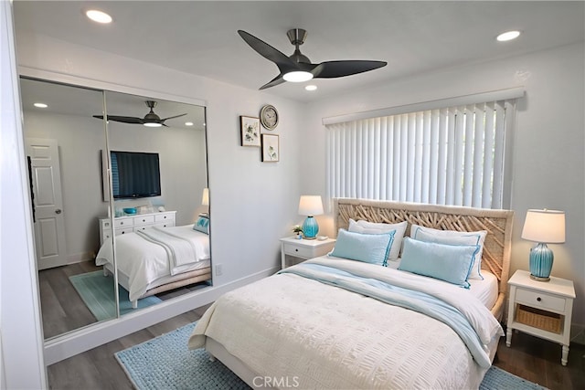 7751 La Mesa Way, Buena Park, CA 90620 - bedroom featuring wood finished floors, recessed lighting, a ceiling fan, and a closet