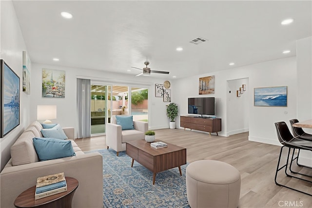 7751 La Mesa Way, Buena Park, CA 90620 - living area featuring light wood finished floors, recessed lighting, and a ceiling fan