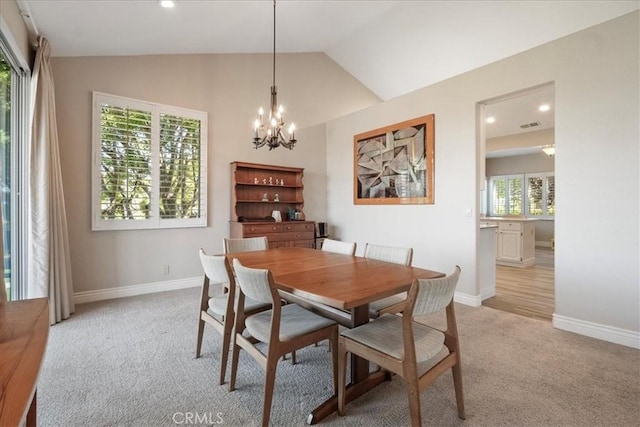 81 Via Larga Vis, Bonsall, CA 92003 - dining space with light carpet, a chandelier, vaulted ceiling, and recessed lighting