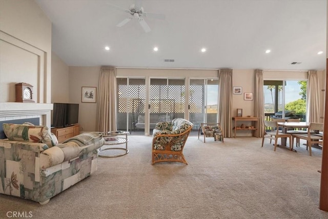 81 Via Larga Vis, Bonsall, CA 92003 - living area featuring a ceiling fan, carpet floors, and recessed lighting