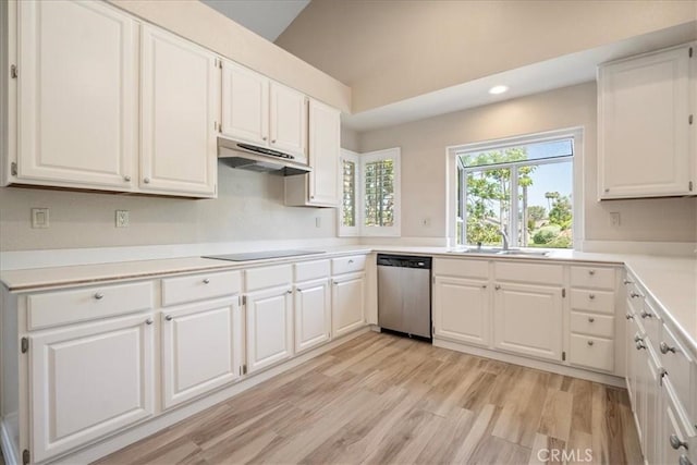 81 Via Larga Vis, Bonsall, CA 92003 - kitchen with dishwasher, under cabinet range hood, black electric stovetop, white cabinets, and recessed lighting