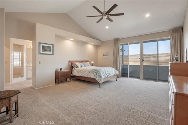 81 Via Larga Vis, Bonsall, CA 92003 - bedroom with access to exterior, light carpet, recessed lighting, high vaulted ceiling, and ceiling fan