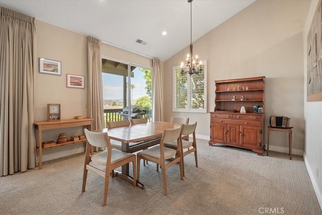 81 Via Larga Vis, Bonsall, CA 92003 - dining area with light carpet, a chandelier, high vaulted ceiling, and recessed lighting