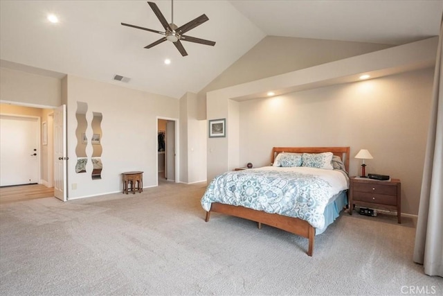 81 Via Larga Vis, Bonsall, CA 92003 - carpeted bedroom featuring high vaulted ceiling, recessed lighting, and ceiling fan